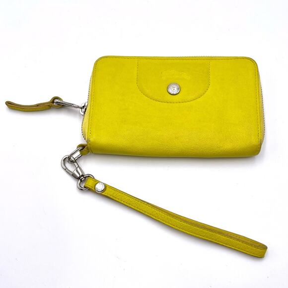 LONGCHAMP zip around wallet wristlet yellow leather